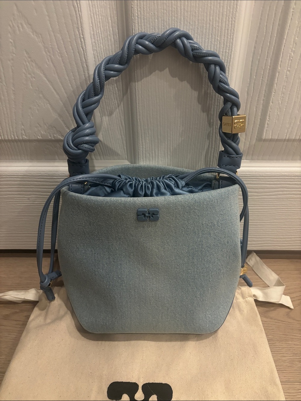 Ganni Bou Bucket Bag Light Blue Denim with Braided Handle